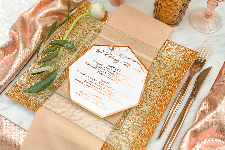 copper and marble wedding menu stationery