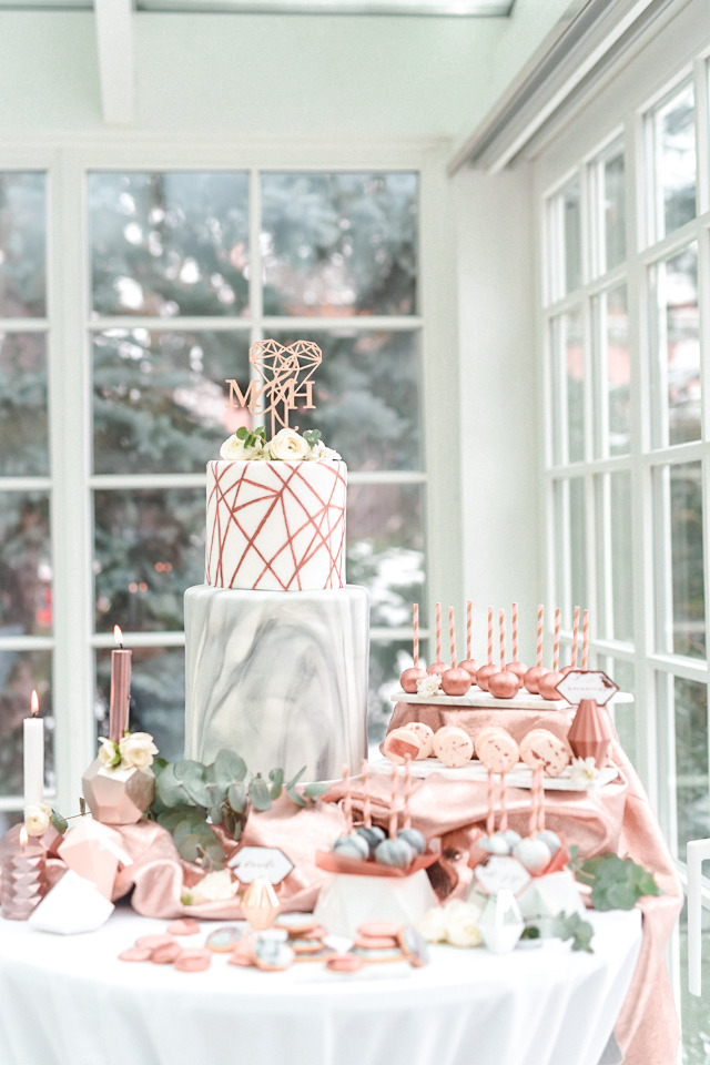 copper and marble dessert table