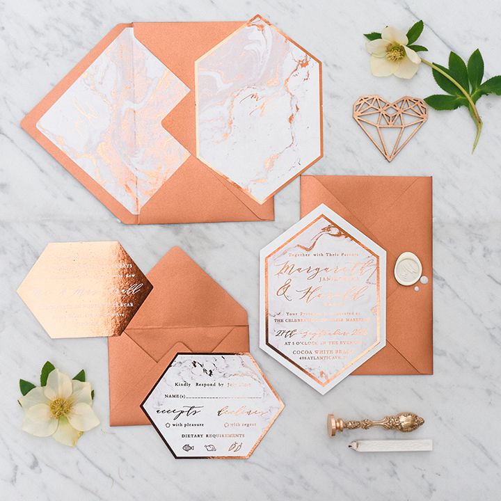 copper and marble geometric wedding stationery