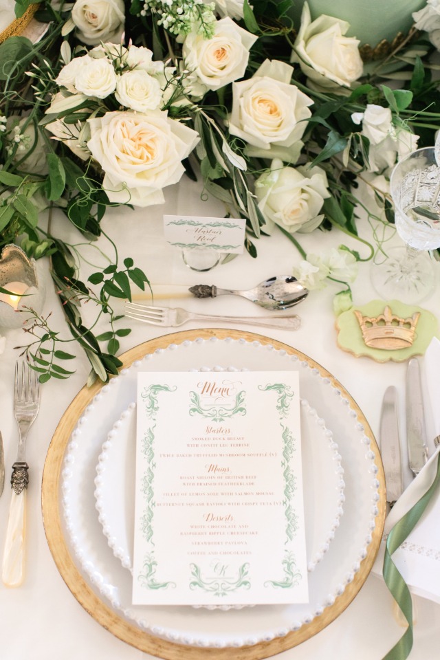 white gold and green wedding table decor