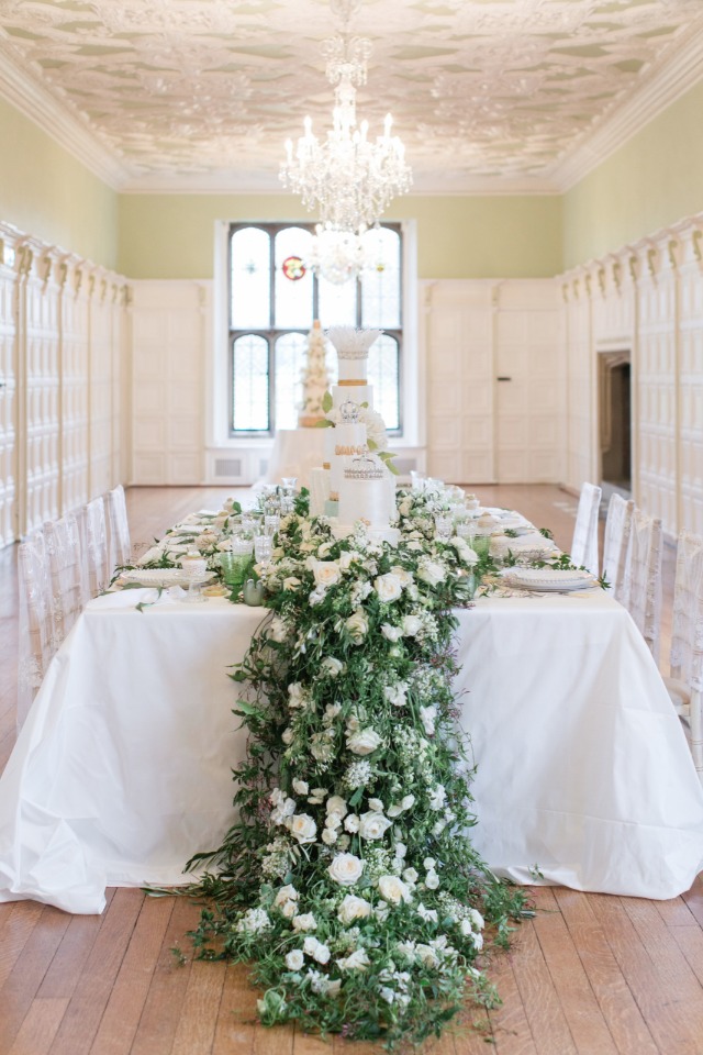 cascading white rose table garland