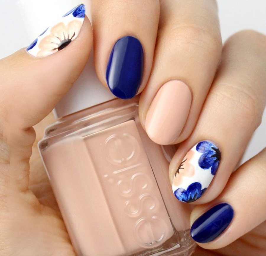 blue and nude floral nails