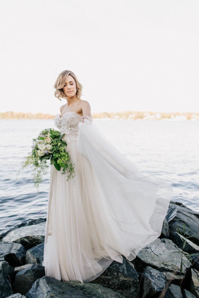 Beachy bridal look in a blush wedding gown