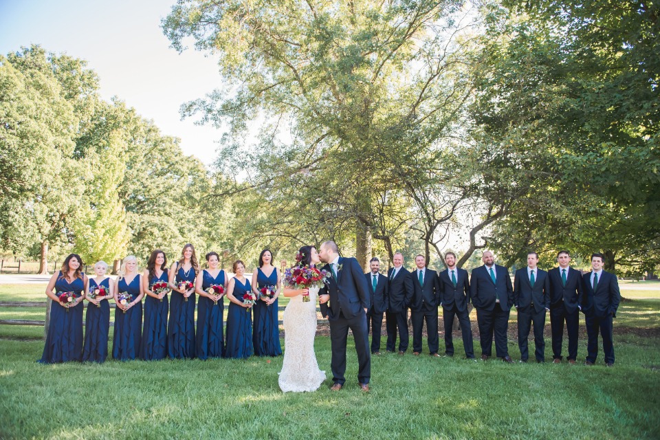 Large bridal party in navy and blue
