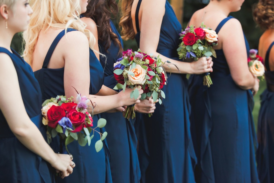 Blue dresses and red roses