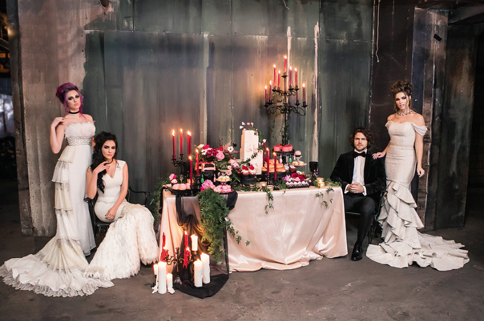 moody wedding dessert table
