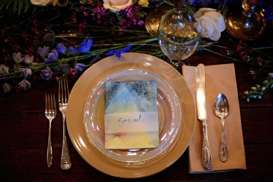 gold and opal wedding place setting