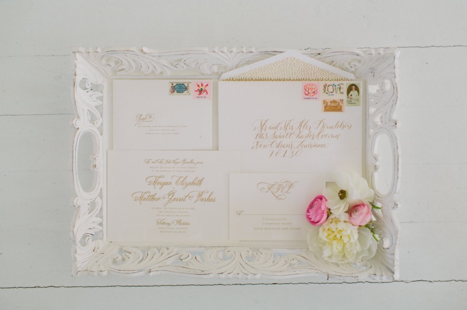 classic white and gold wedding stationery