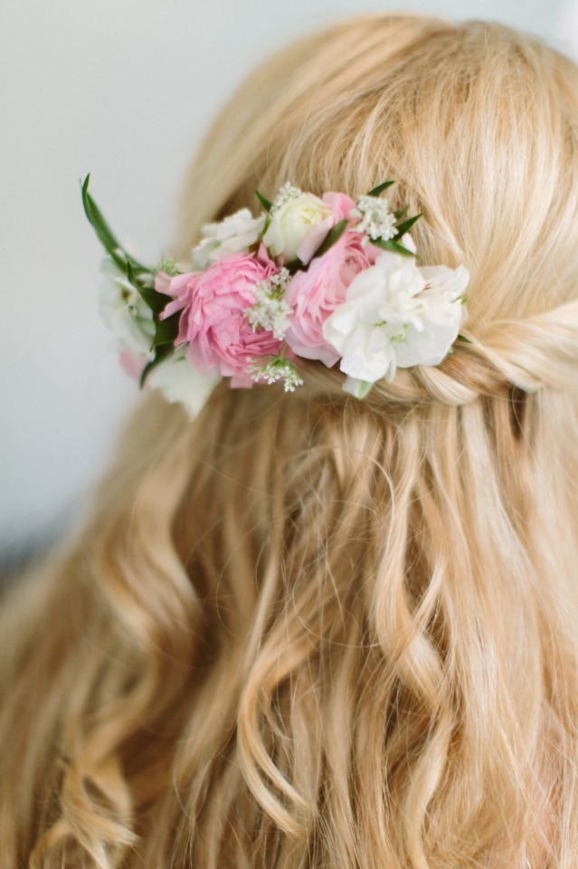 half up wedding hair with floral accents