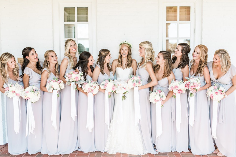 bridesmaids in soft grey Joanna August dresses