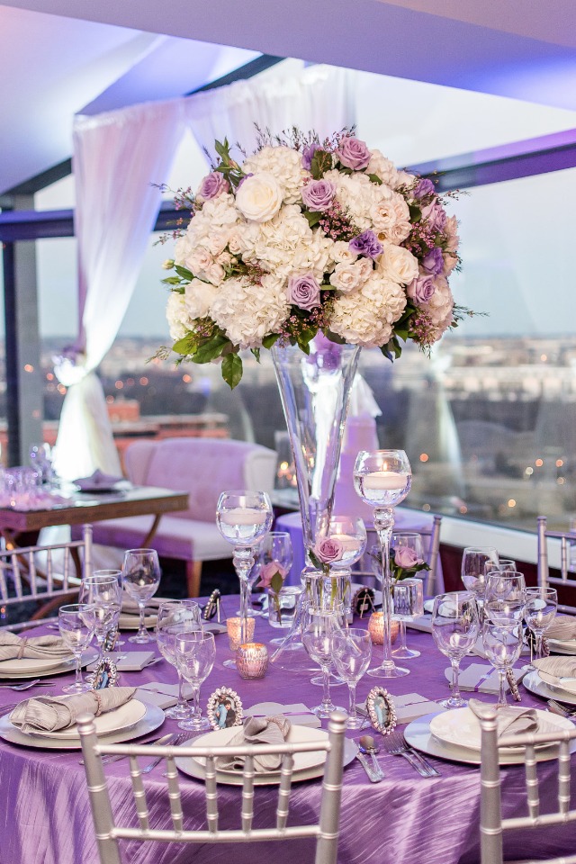 Purple white and silver table decor