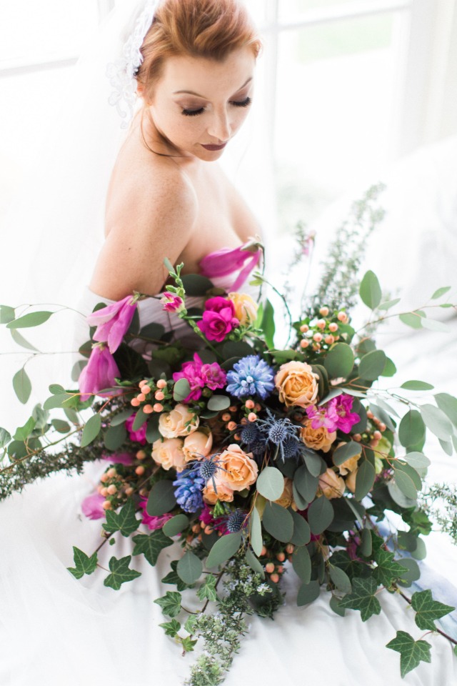 blue peach and pink wedding bouquet