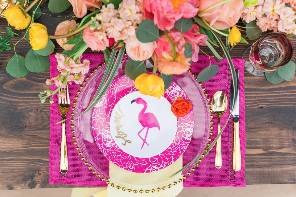 Tropical bridal shower with flamingo plates