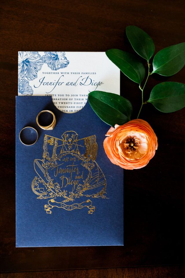 navy blue and white wedding invites with custom emblem