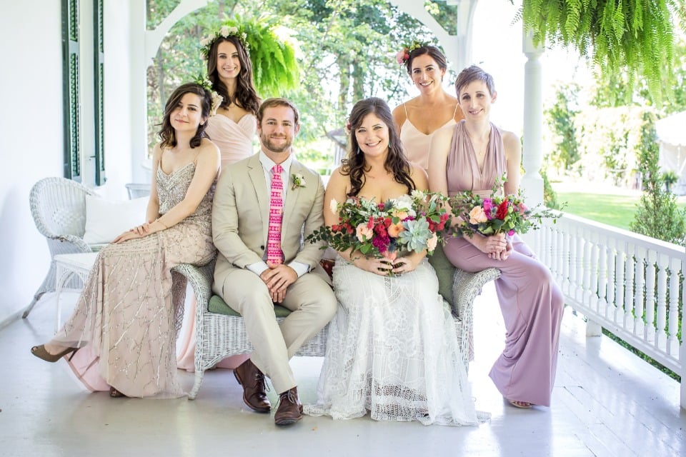 bridal party in pinks and champagne
