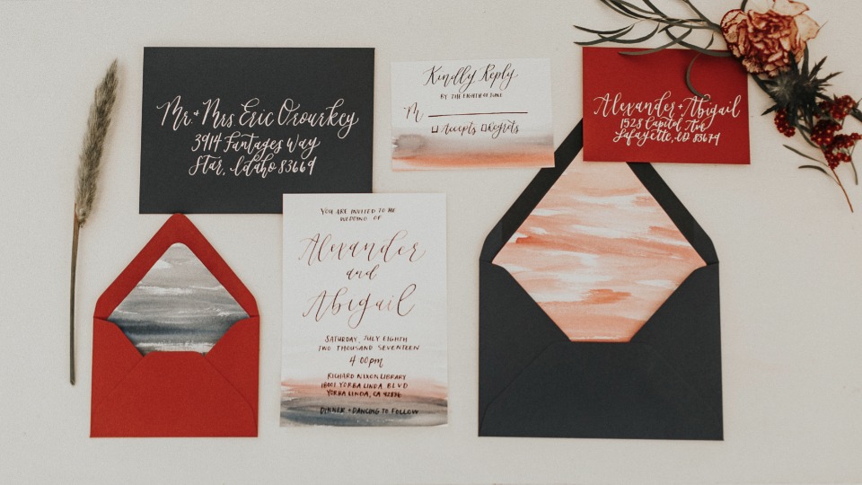 Elegant wedding stationery suite with calligraphy details