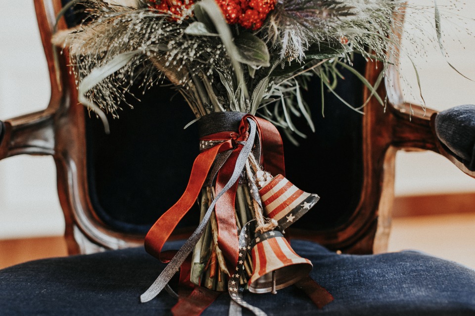 patriotic detail on red white and blue wedding bouquet