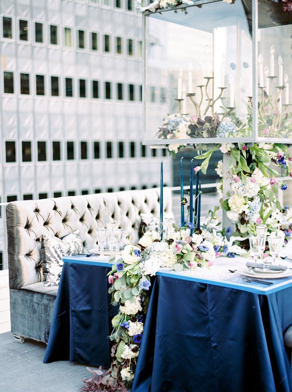 Luxurious blue and silver table setting