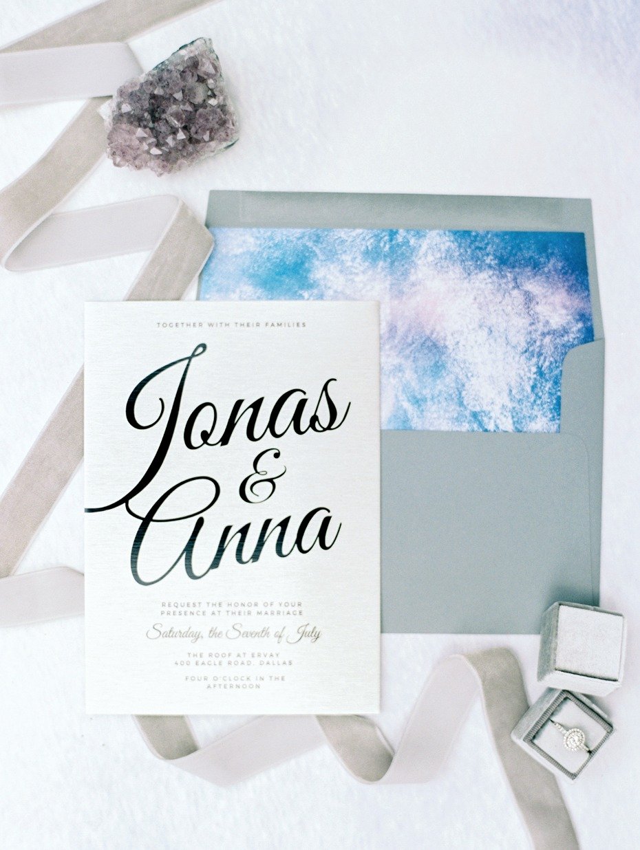 Modern blue and silver invitation suite