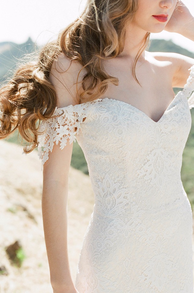 off the shoulder romantic lace wedding gown