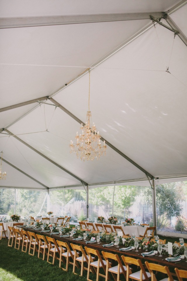 Tent reception with chandeliers
