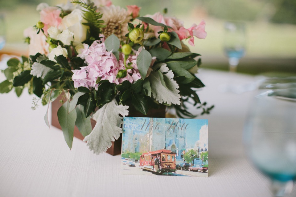 Floral centerpiece and post card table number
