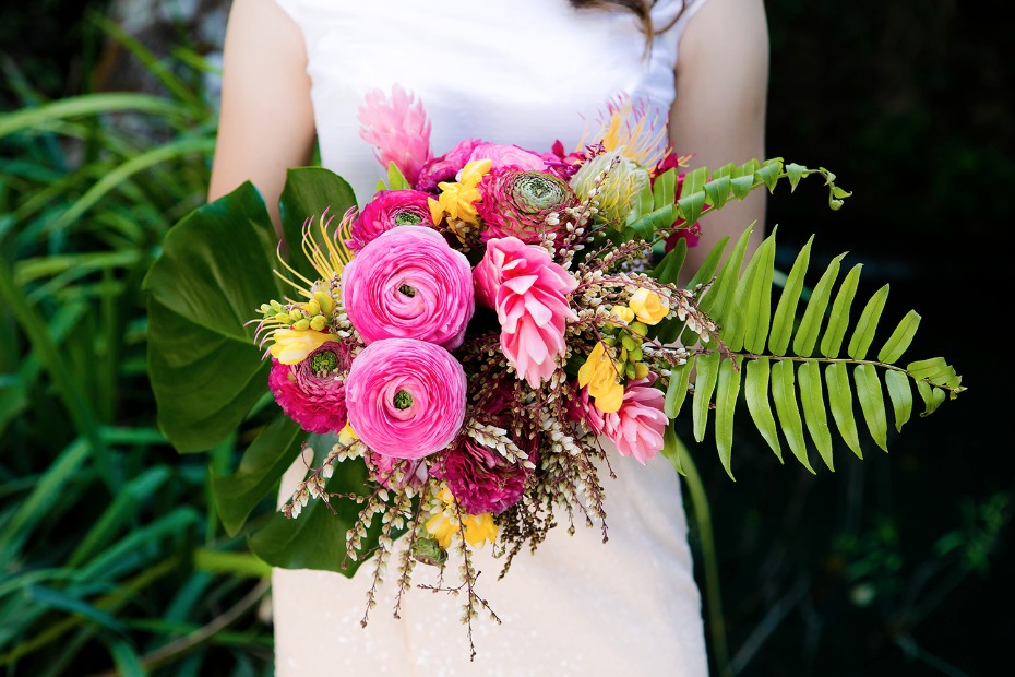 hot pink and yellow tropical bouquet