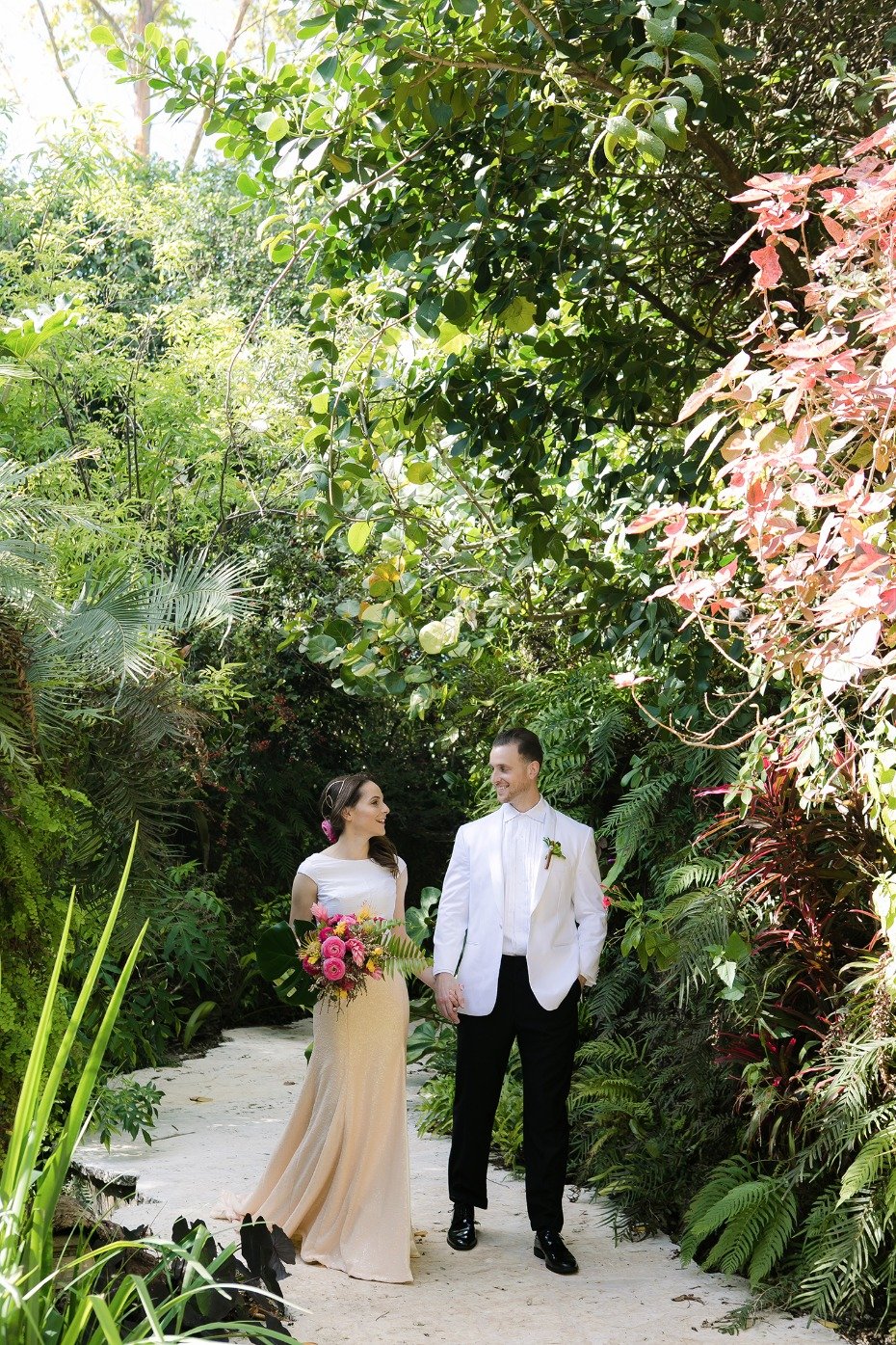 taking a tropical wedding walk