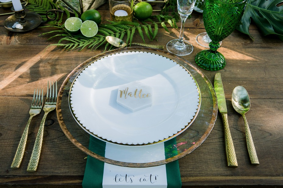 modern gold white and green place setting