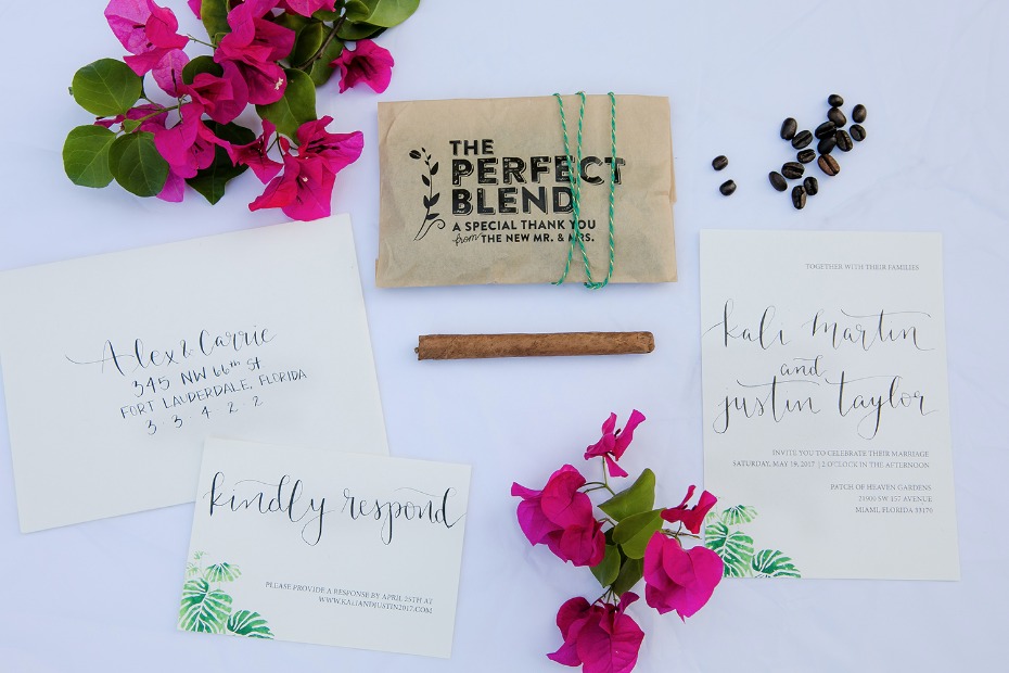 tropical styled wedding stationery and coffee favor