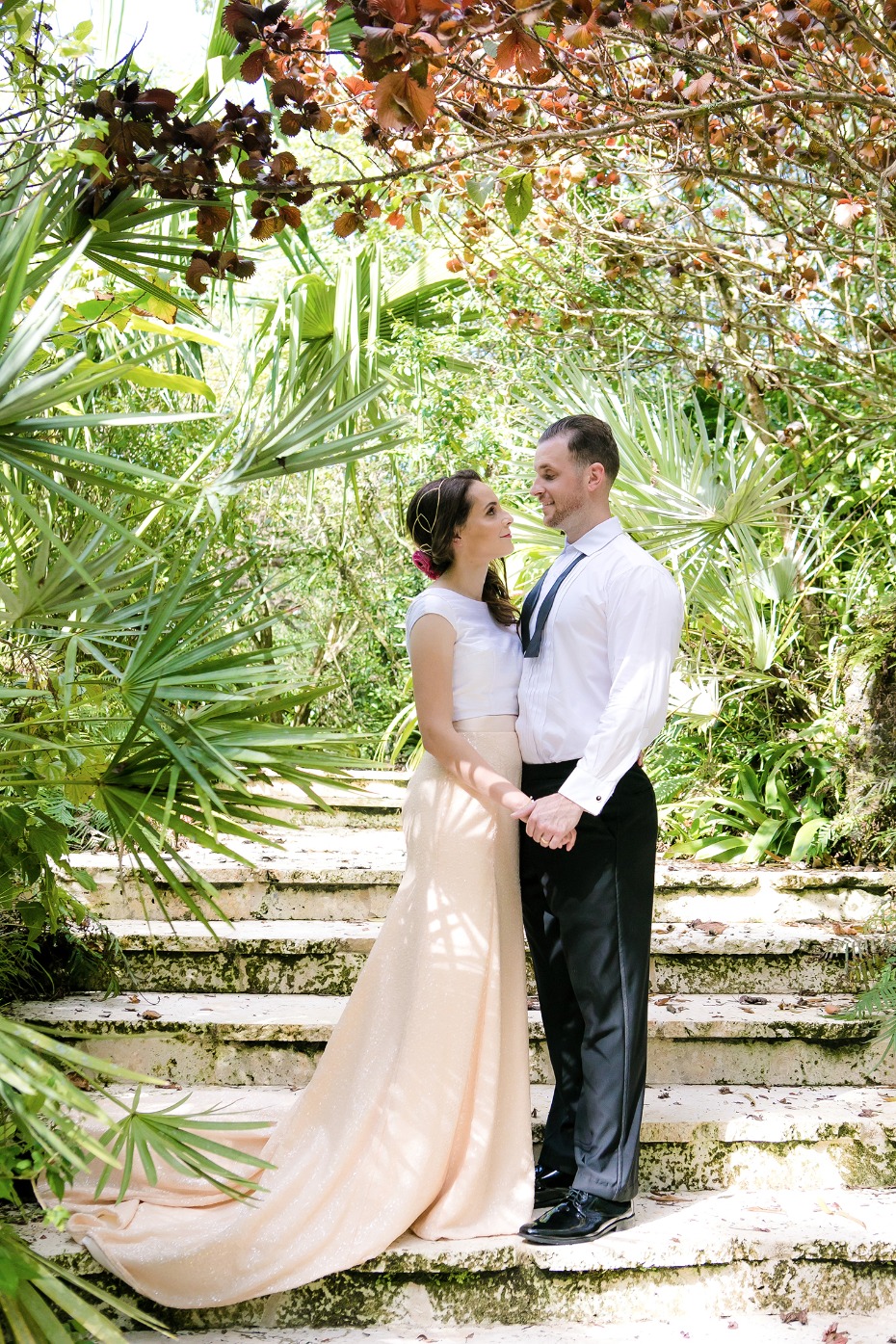 bride and groom with tropical wedding day