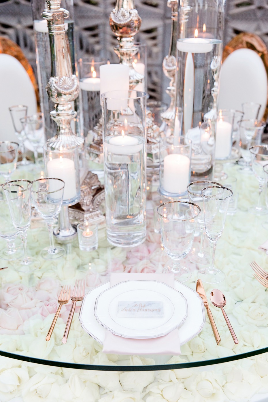rose gold and glass wedding table