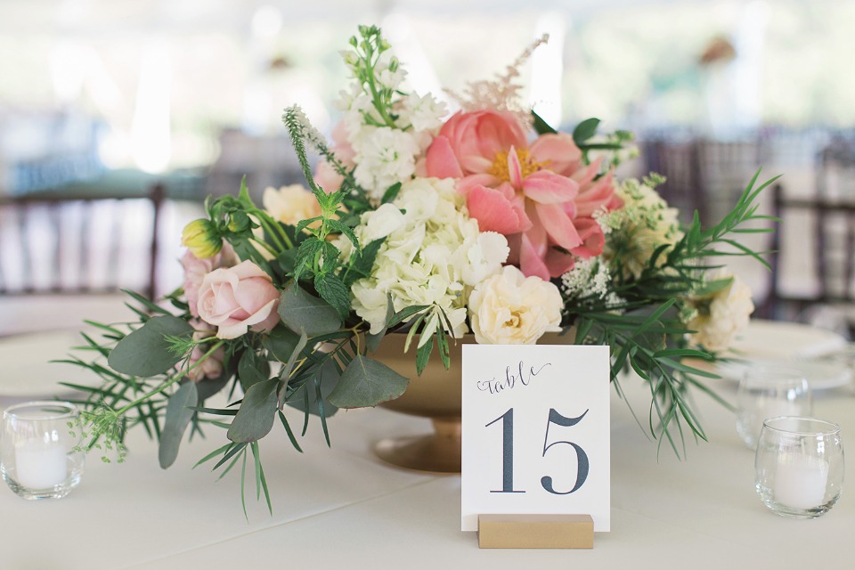 cascading wedding centerpiece with table number