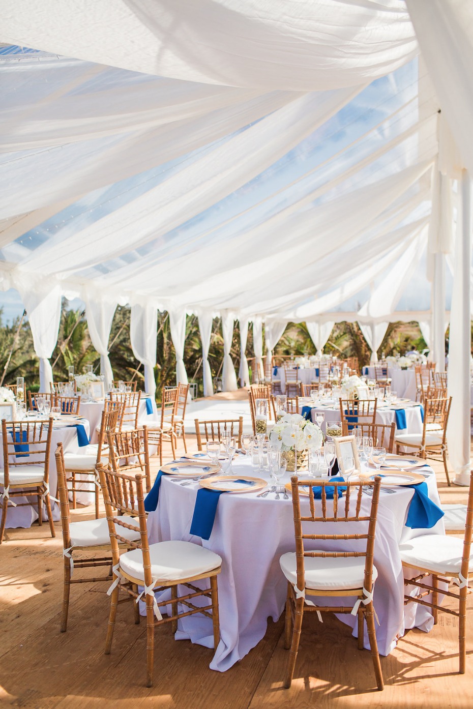 Elegant tent reception in blue and gold