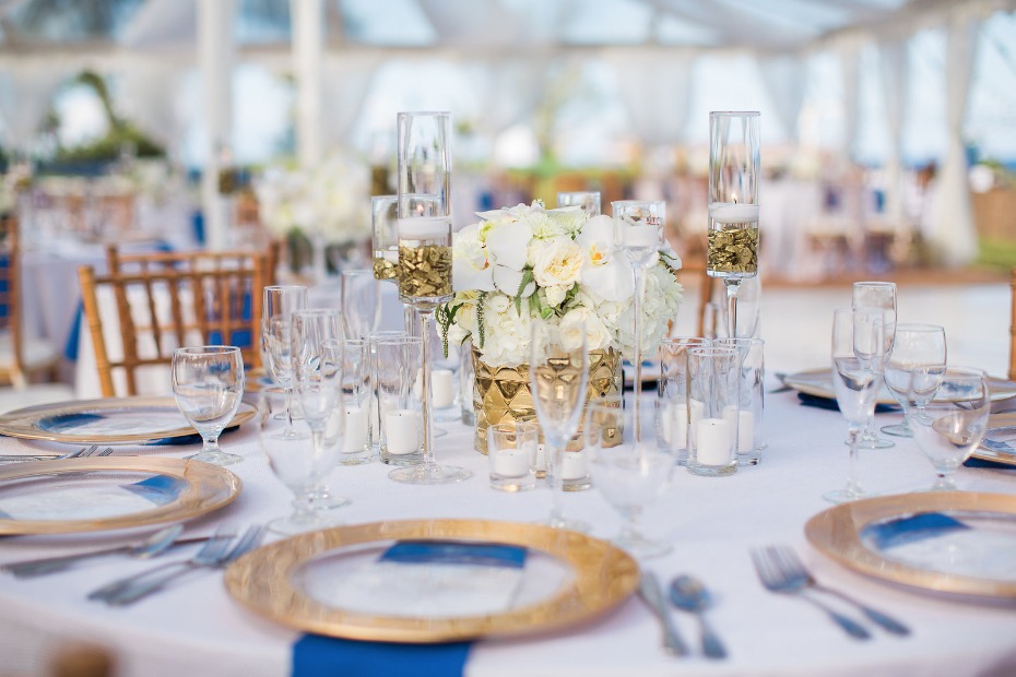 Gold white and blue table setting