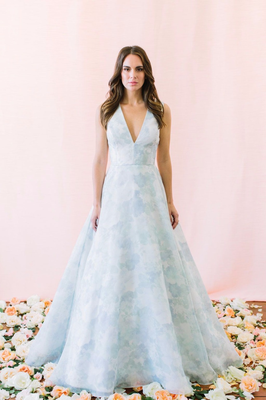 printed blue wedding dress plunging kate mcdonald