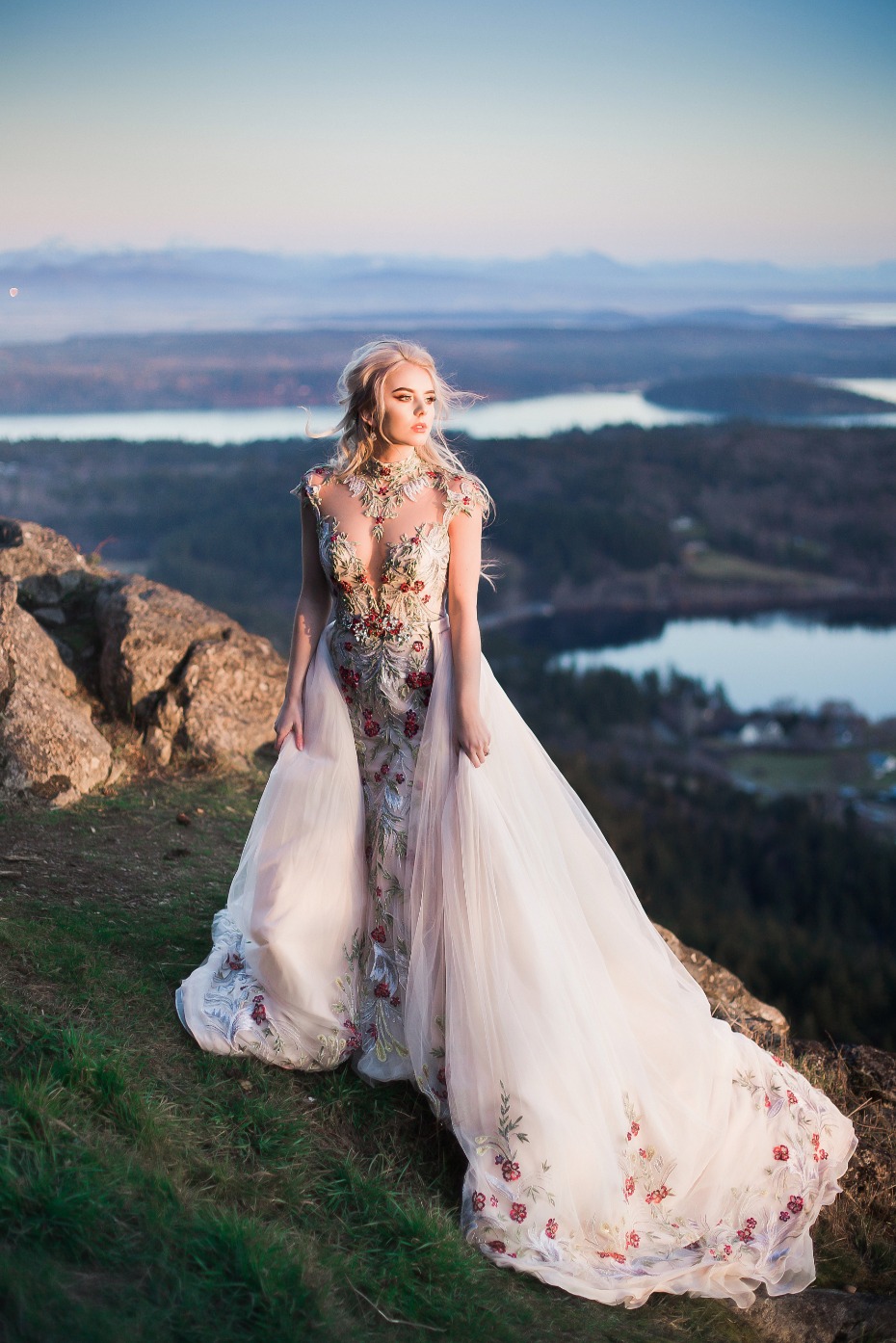 dreamy over the top wedding gown and a view to die for