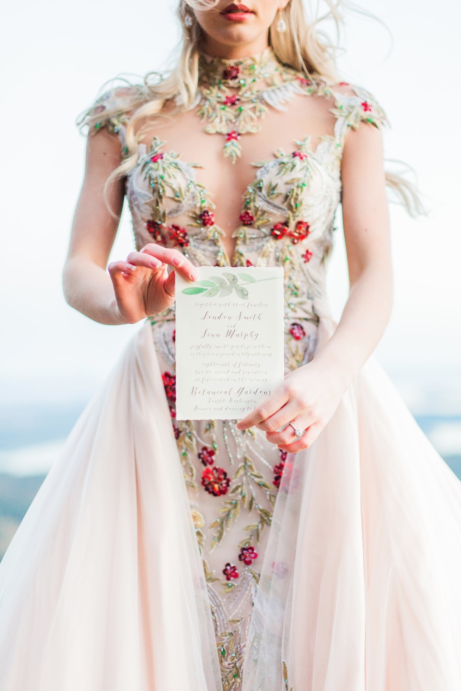 wedding invitation and insanely embroidered wedding gown