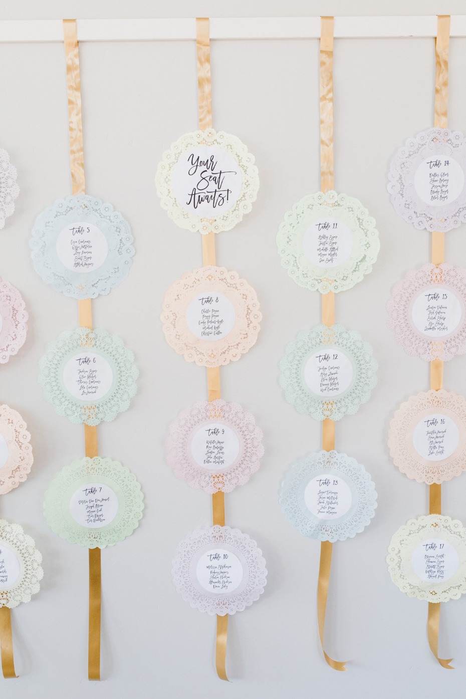 seating chart made of paper doilies from Prettie Parties