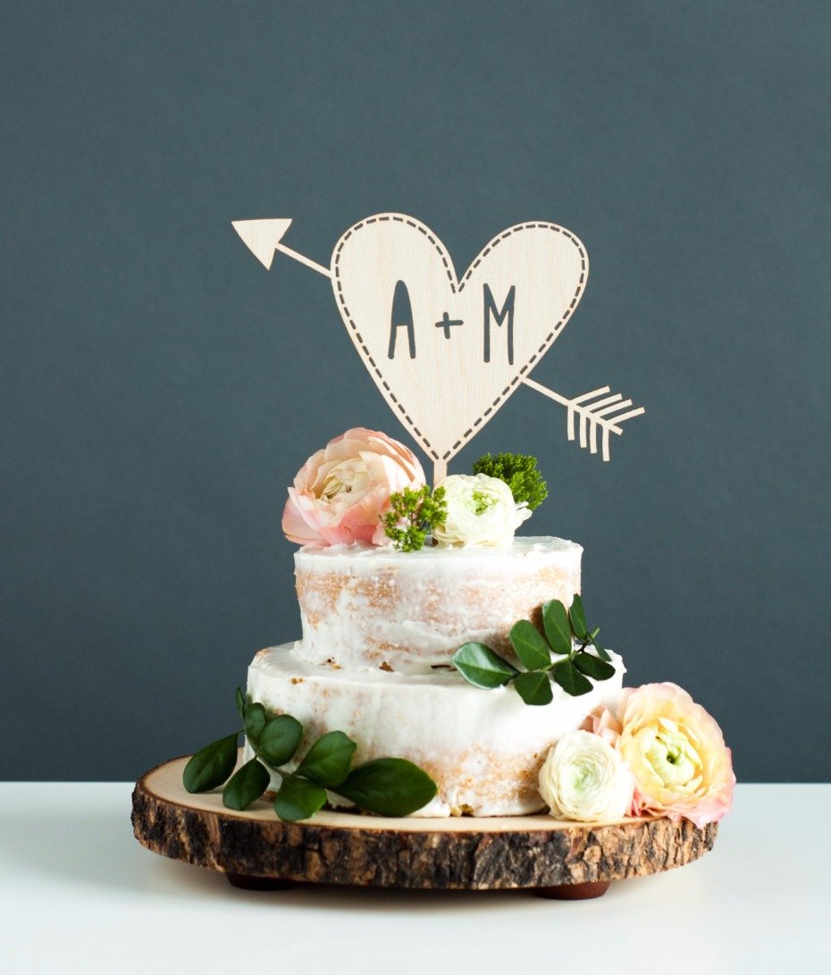 Custom Initials Wedding Cake Topper - Personalized Cake Topper Initials - Rustic Heart with Arrow Wedding Cake Topper