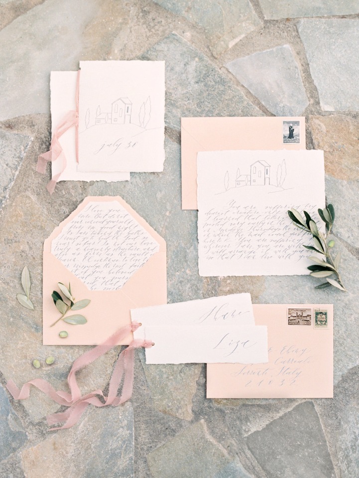 Hand calligraphy wedding invitation suite in blush