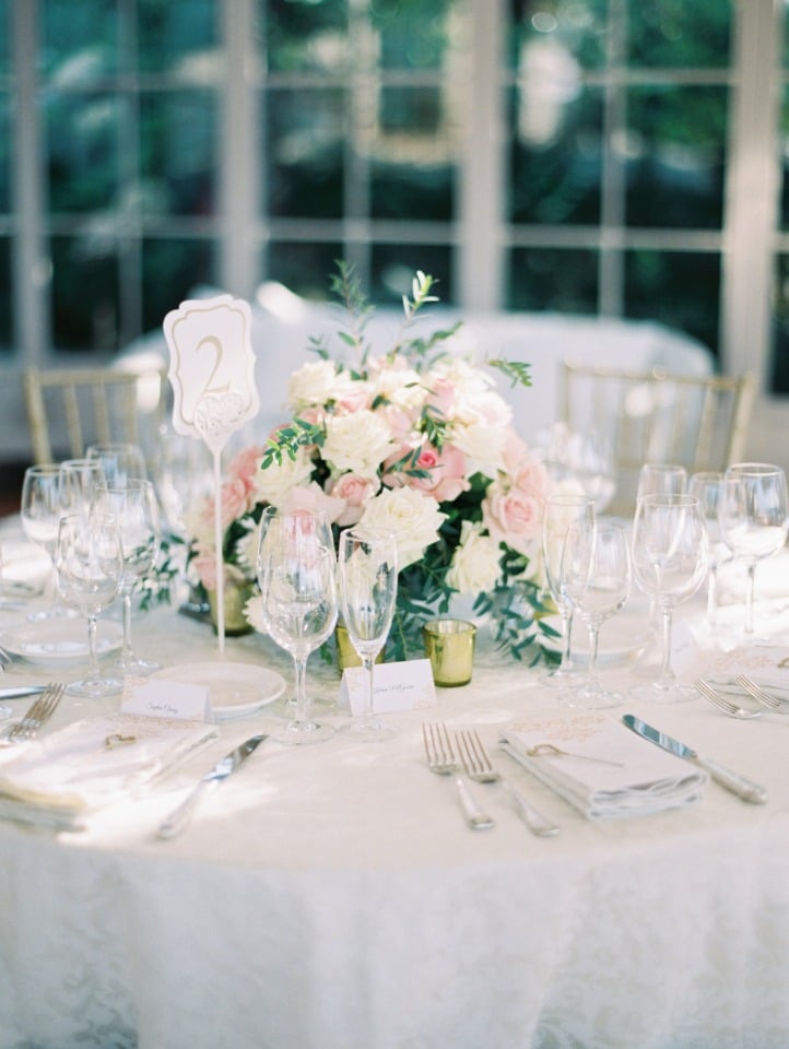 formal wedding reception in blush and ivory