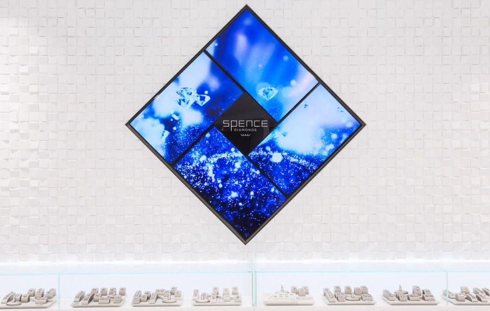 Spence Diamonds store display with jewelry on display