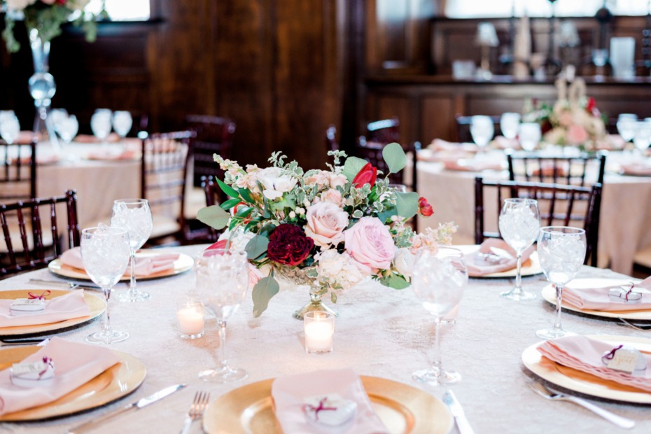 gold blush and red wedding reception