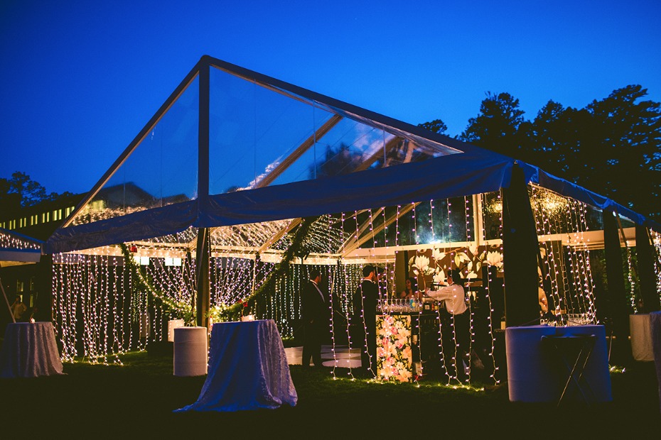 Clear tent with string lights