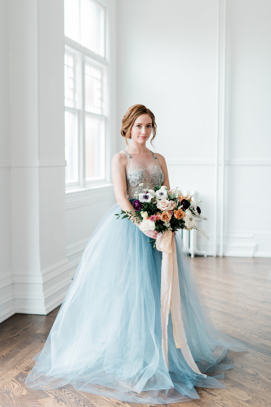 romantic blue tulle wedding dress