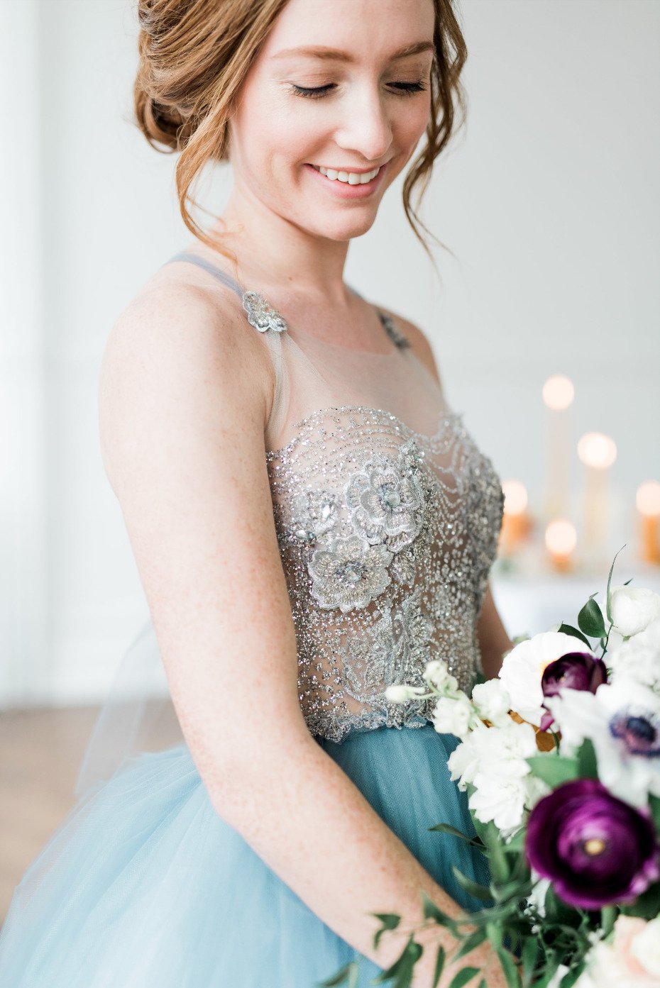 blue wedding dress with beading on top