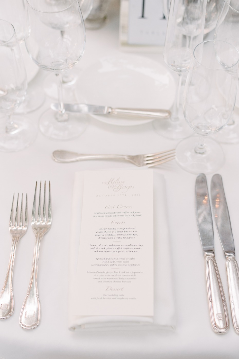 white and silver place setting