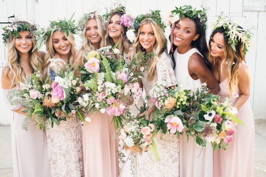 organic bouquets for the bridesmaids in Show Me Your Mumu bridesmaid dresses