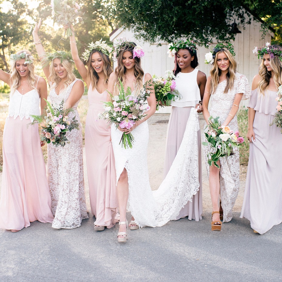 Grace Loves Lace wedding dress and dusty rose bridesmaid dresses